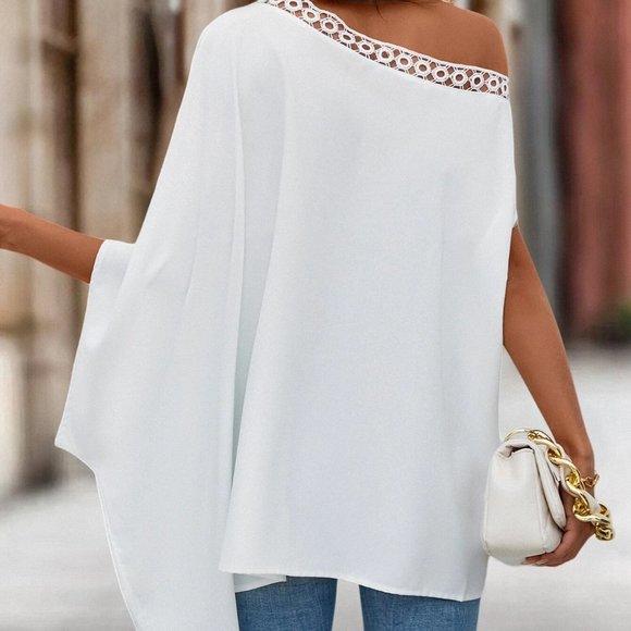 White Boho Womens Guipure Lace Trim Asymmetrical Neck Batwing Sleeve Blouse - Picture 2 of 5